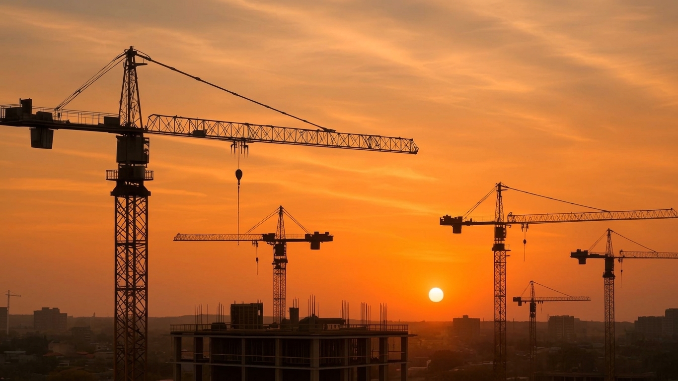 Grúas de construcción al atardecer